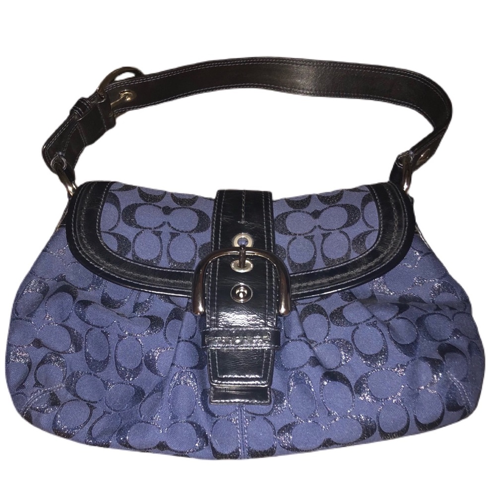COACH F16046 Signature C Blue Jacquard Black Trim Chrome Shoulder Handbag
